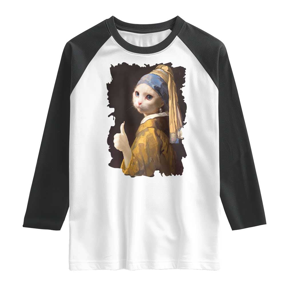 Funny Cat With A Pearl Earring Parody Art Raglan Shirt TS12 White Black Print Your Wear