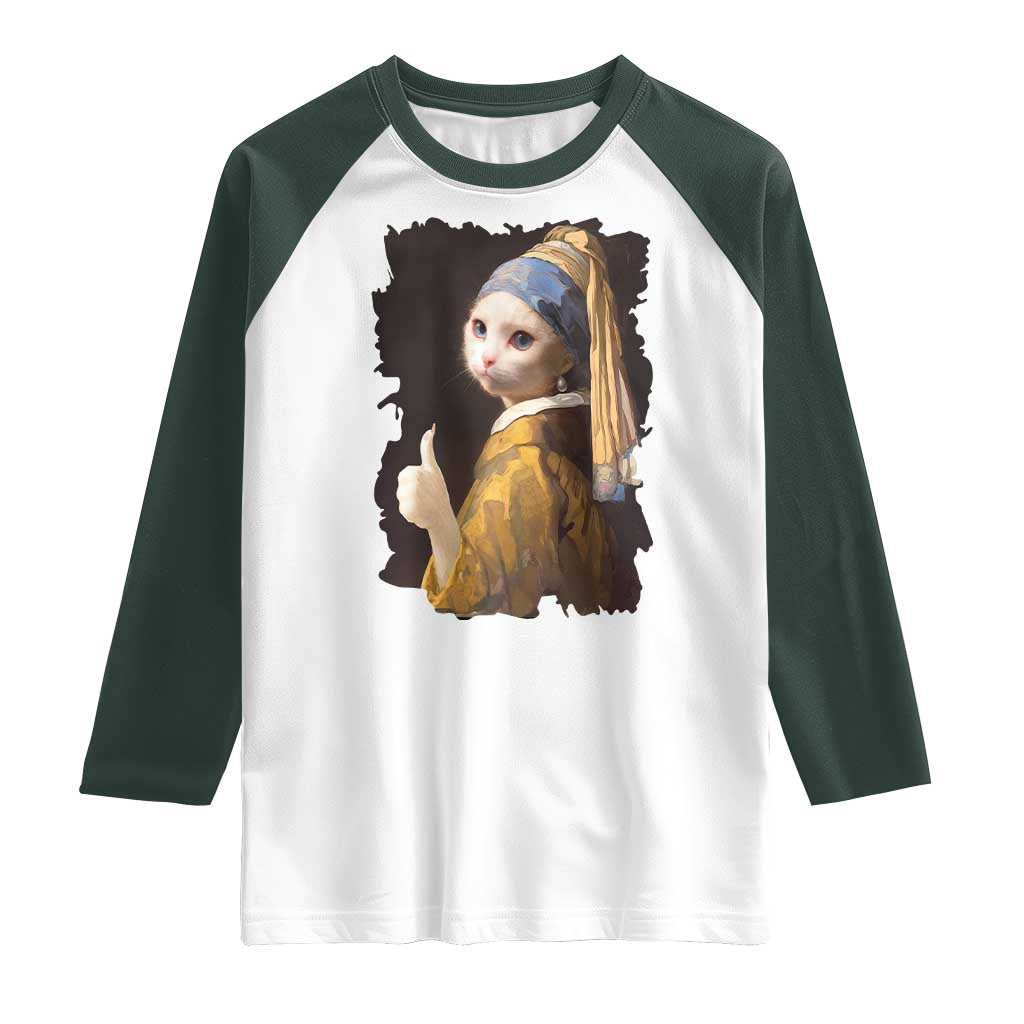 Funny Cat With A Pearl Earring Parody Art Raglan Shirt TS12 White Dark Forest Green Print Your Wear