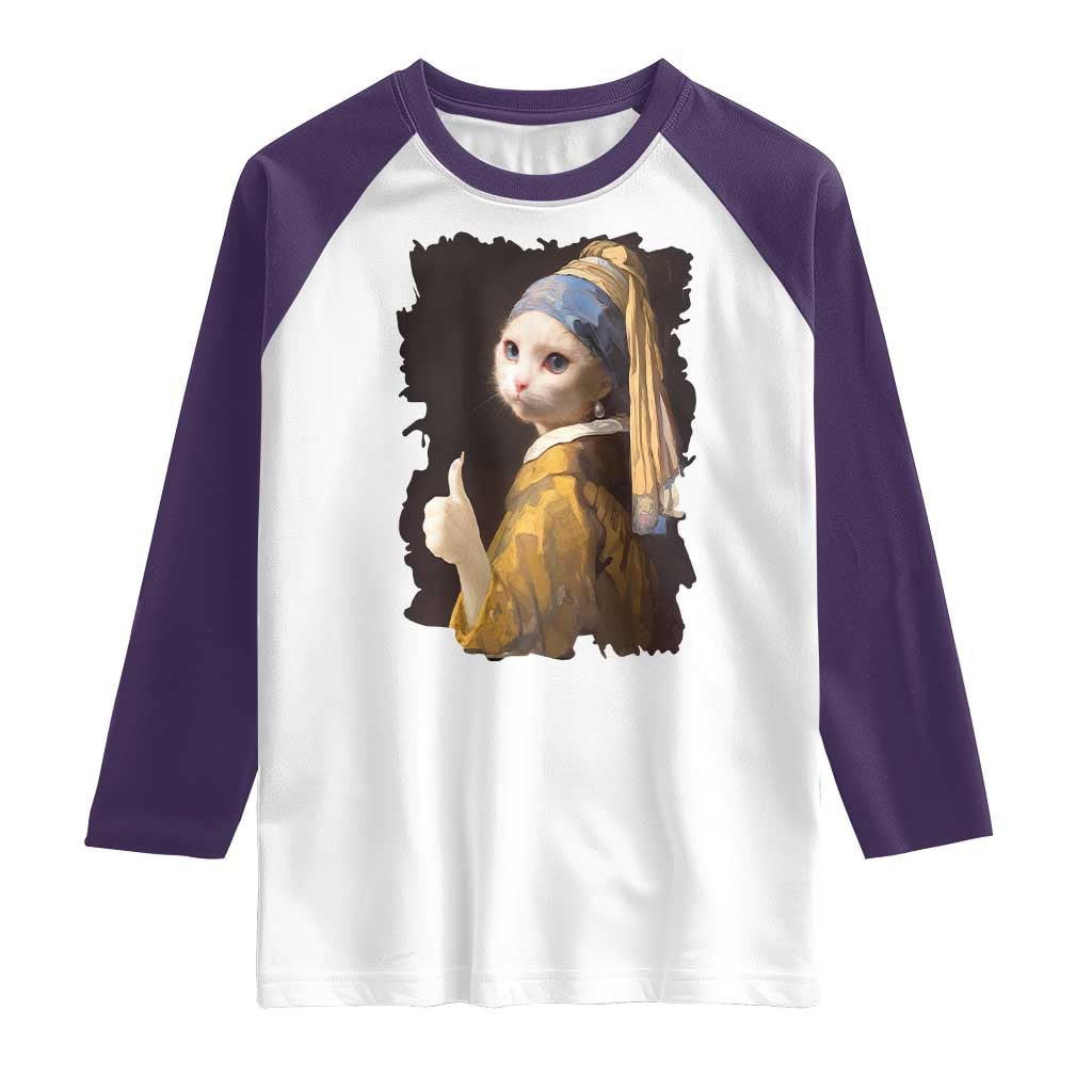 Funny Cat With A Pearl Earring Parody Art Raglan Shirt TS12 White Purple Print Your Wear