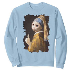 Funny Cat With A Pearl Earring Parody Art Sweatshirt TS12 Light Blue Print Your Wear