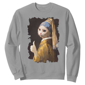 Funny Cat With A Pearl Earring Parody Art Sweatshirt TS12 Sport Gray Print Your Wear