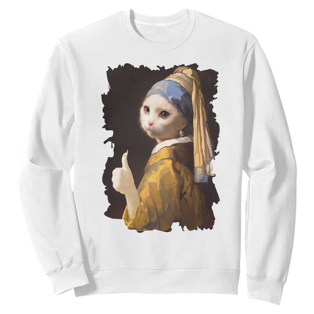 Funny Cat With A Pearl Earring Parody Art Sweatshirt TS12 White Print Your Wear