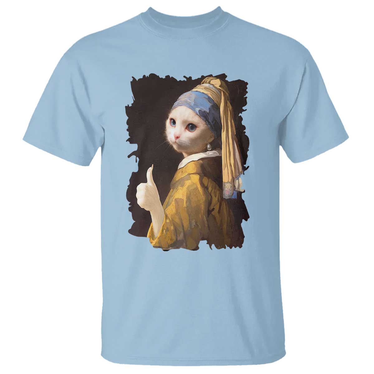 Funny Cat With A Pearl Earring Parody Art T Shirt TS12 Light Blue Print Your Wear
