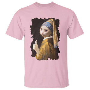 Funny Cat With A Pearl Earring Parody Art T Shirt TS12 Light Pink Print Your Wear