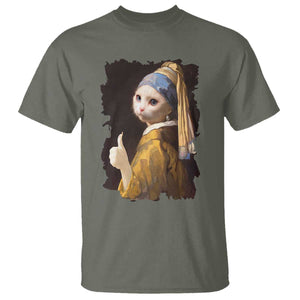 Funny Cat With A Pearl Earring Parody Art T Shirt TS12 Military Green Print Your Wear