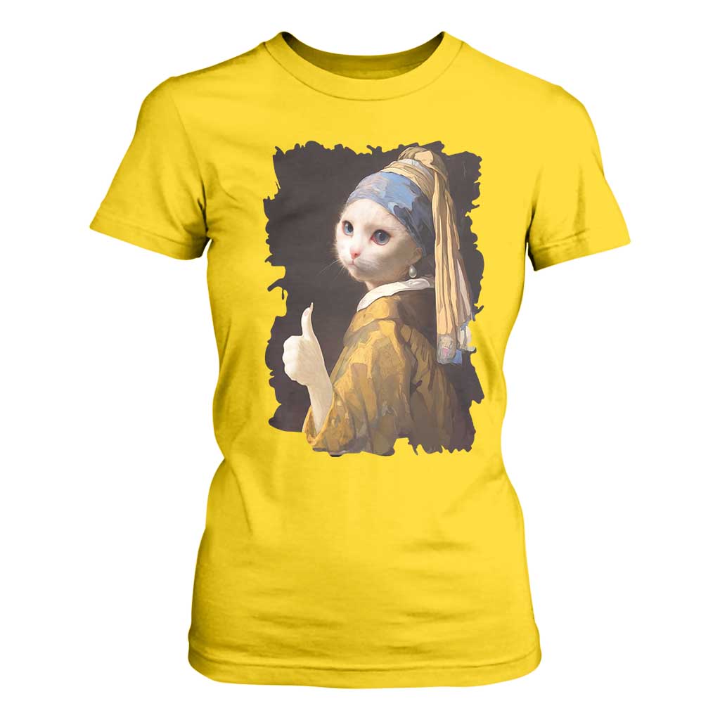 Funny Cat With A Pearl Earring Parody Art T Shirt For Women TS12 Daisy Print Your Wear