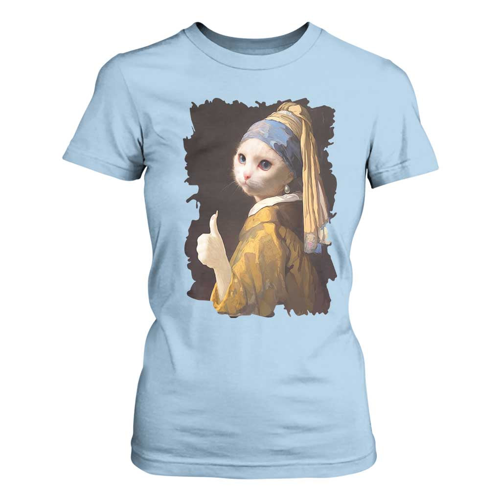 Funny Cat With A Pearl Earring Parody Art T Shirt For Women TS12 Light Blue Print Your Wear