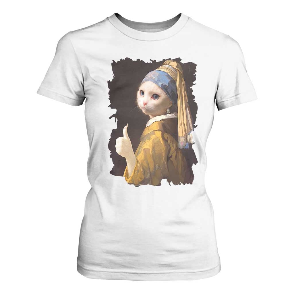Funny Cat With A Pearl Earring Parody Art T Shirt For Women TS12 White Print Your Wear