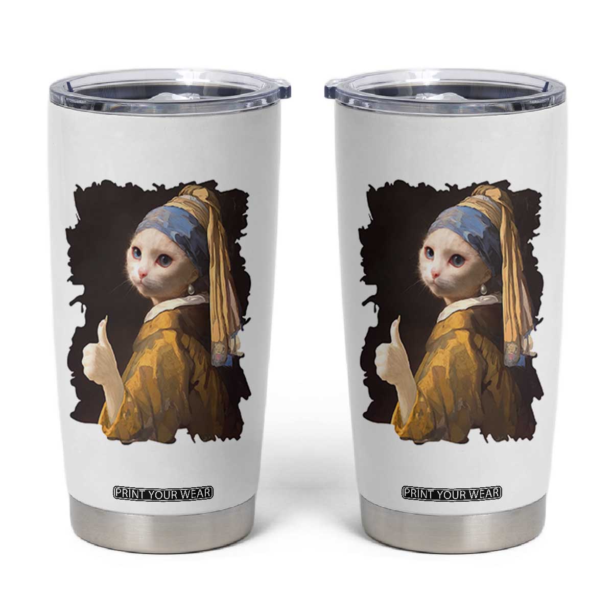 Funny Cat With A Pearl Earring Parody Art Tumbler Cup TS12 White Print Your Wear