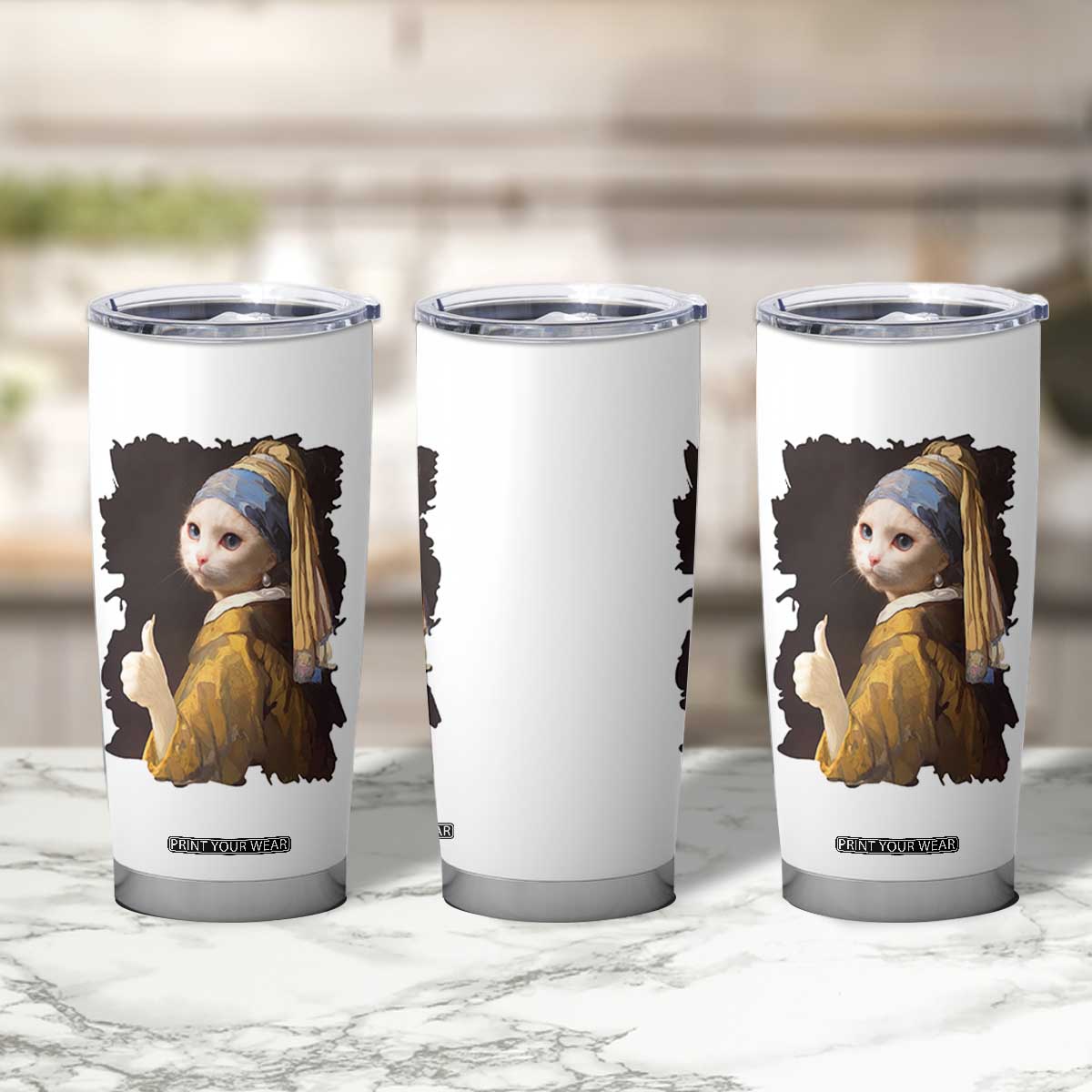 Funny Cat With A Pearl Earring Parody Art Tumbler Cup TS12 Print Your Wear