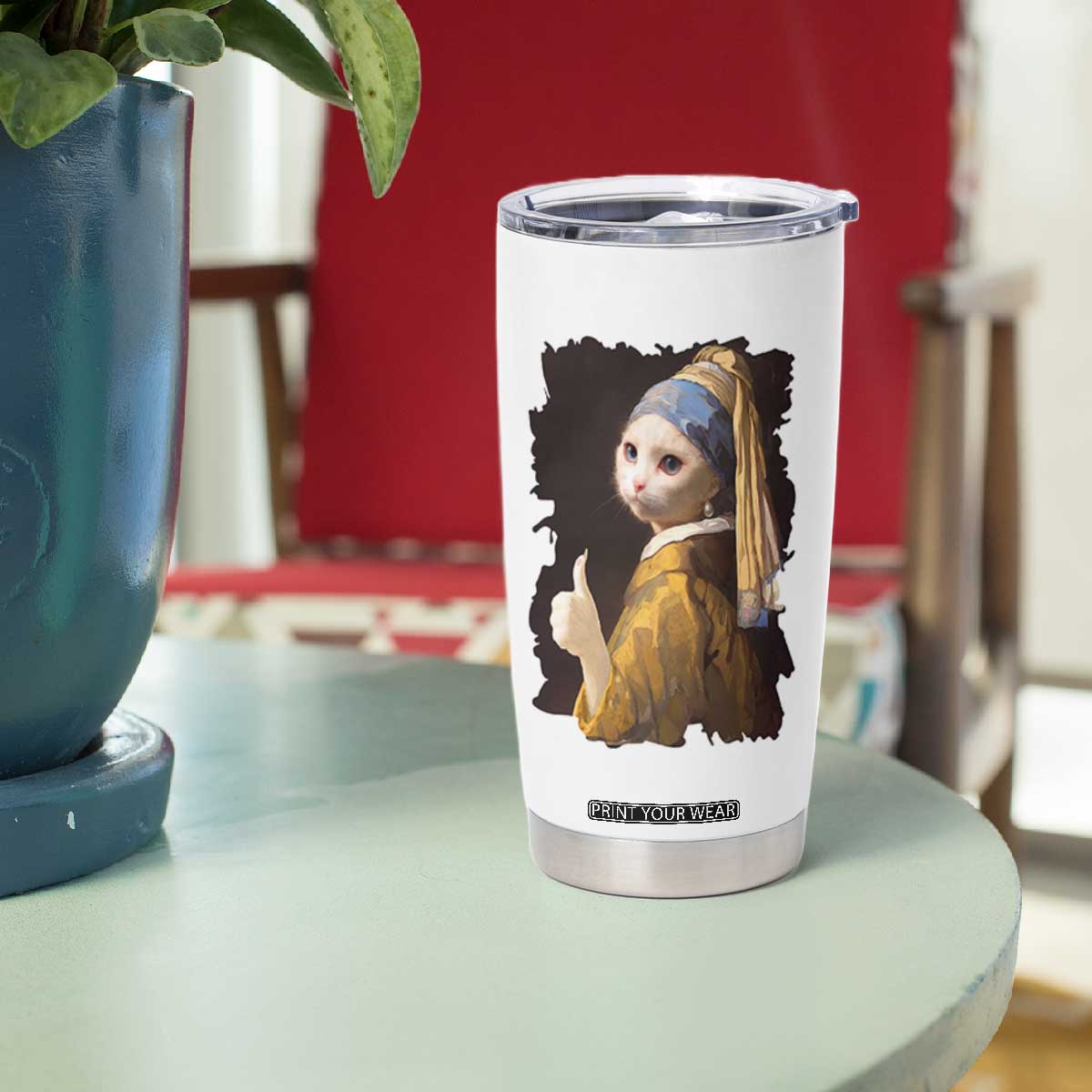 Funny Cat With A Pearl Earring Parody Art Tumbler Cup TS12 Print Your Wear