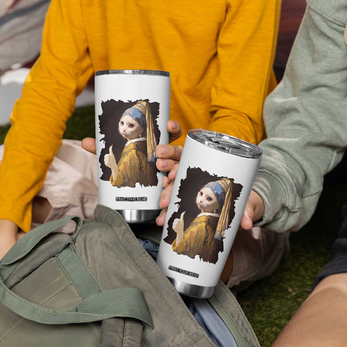 Funny Cat With A Pearl Earring Parody Art Tumbler Cup TS12 Print Your Wear