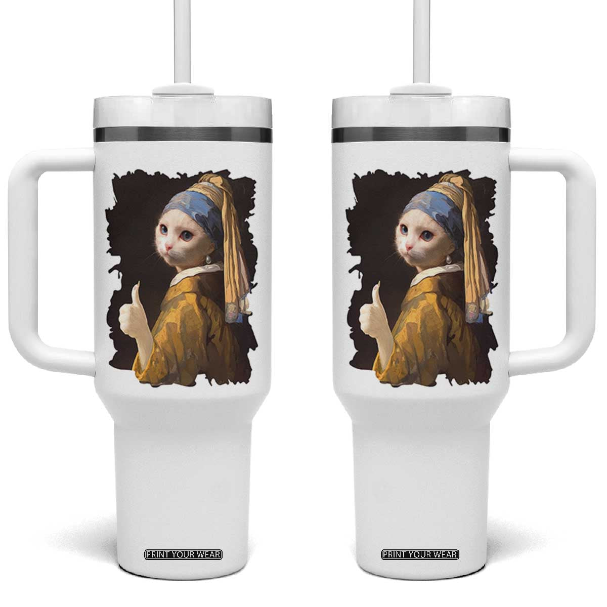 Funny Cat With A Pearl Earring Parody Art Tumbler With Handle TS12 One Size: 40 oz White Print Your Wear
