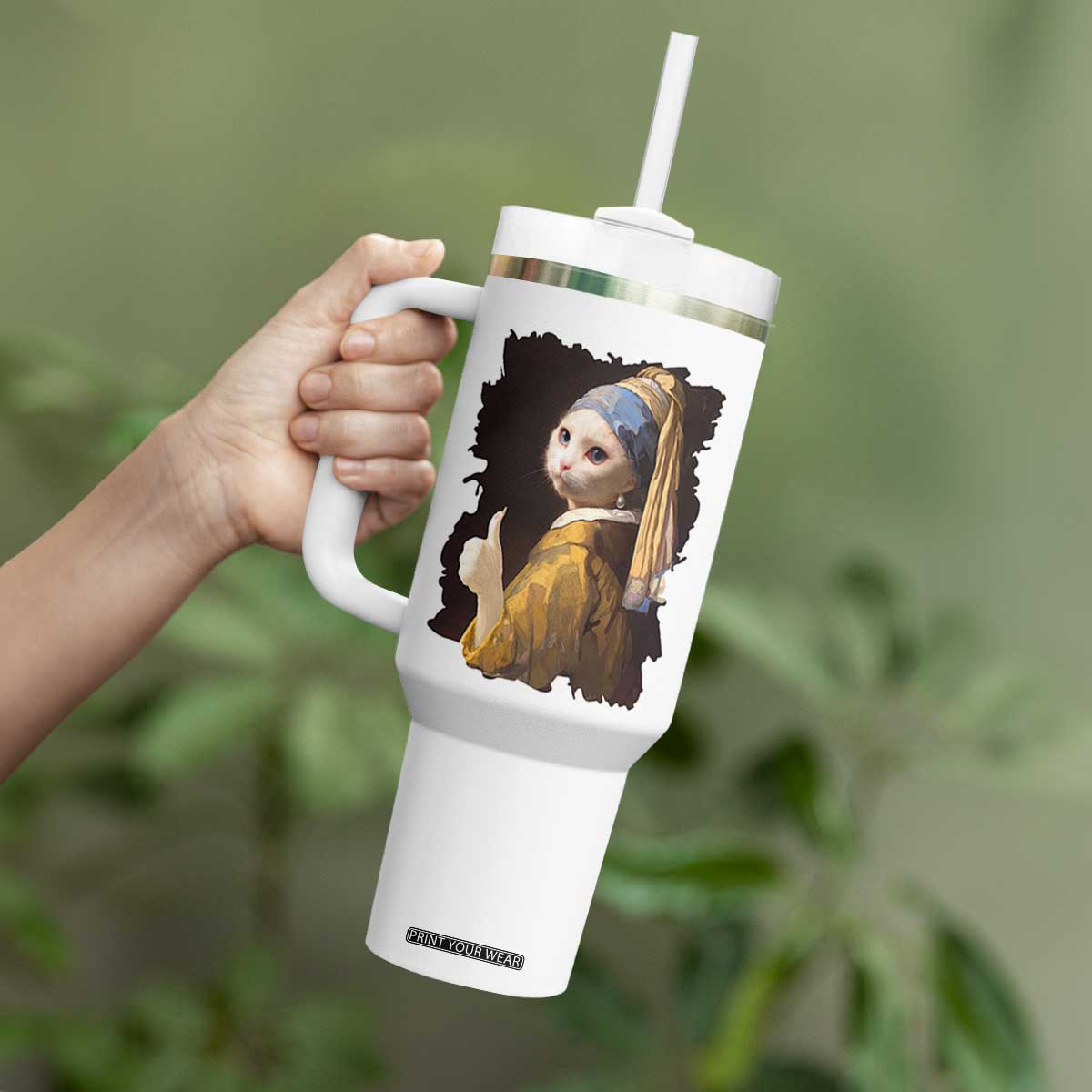 Funny Cat With A Pearl Earring Parody Art Tumbler With Handle TS12 Print Your Wear
