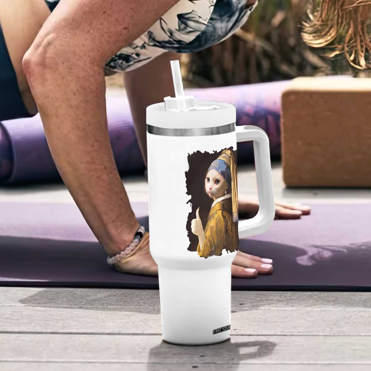 Funny Cat With A Pearl Earring Parody Art Tumbler With Handle TS12 Print Your Wear