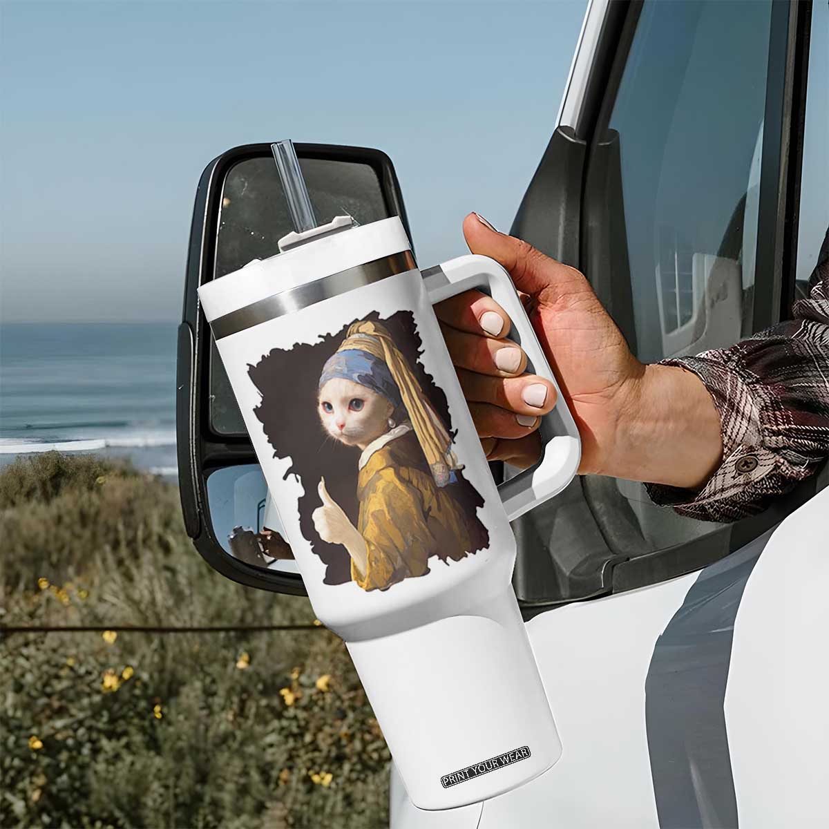 Funny Cat With A Pearl Earring Parody Art Tumbler With Handle TS12 Print Your Wear