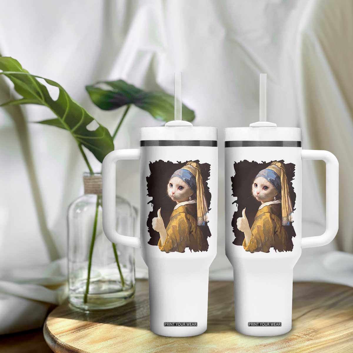 Funny Cat With A Pearl Earring Parody Art Tumbler With Handle TS12 Print Your Wear