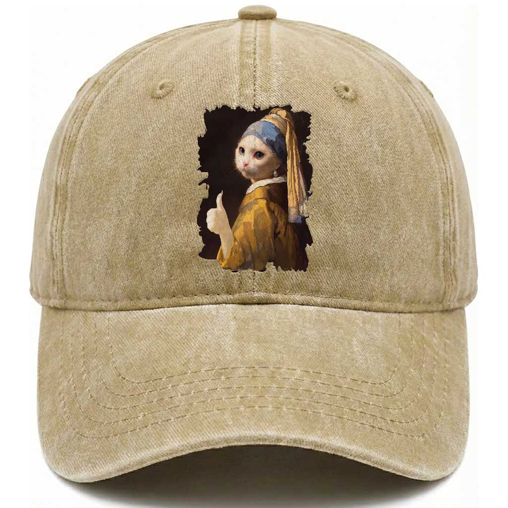 Funny Cat With A Pearl Earring Parody Art Washed Cotton Baseball Cap TS12 Print Your Wear