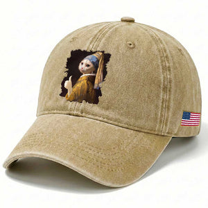 Funny Cat With A Pearl Earring Parody Art Washed Cotton Baseball Cap TS12 Print Your Wear