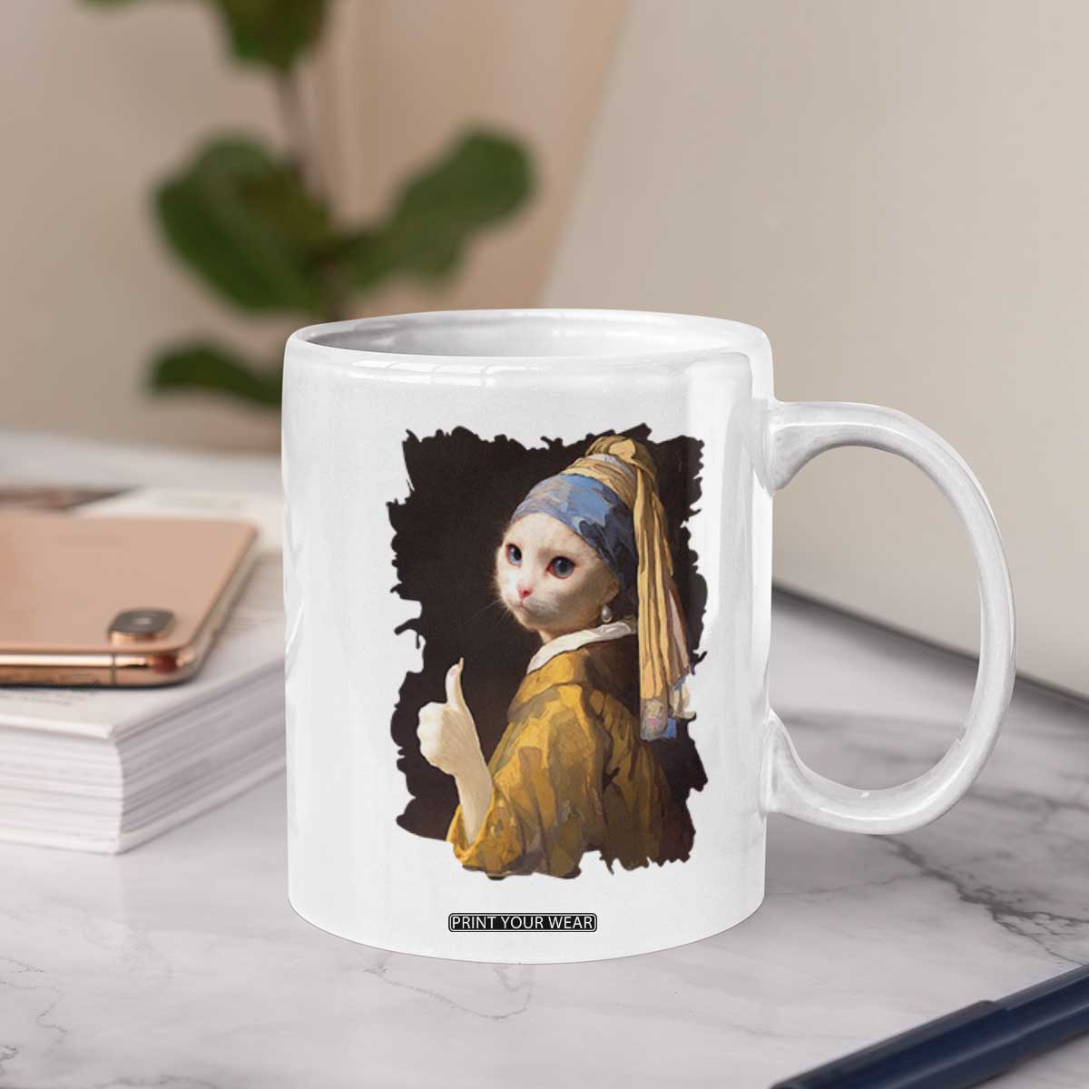 Funny Cat With A Pearl Earring Parody Art Coffee Mug TS12 Print Your Wear