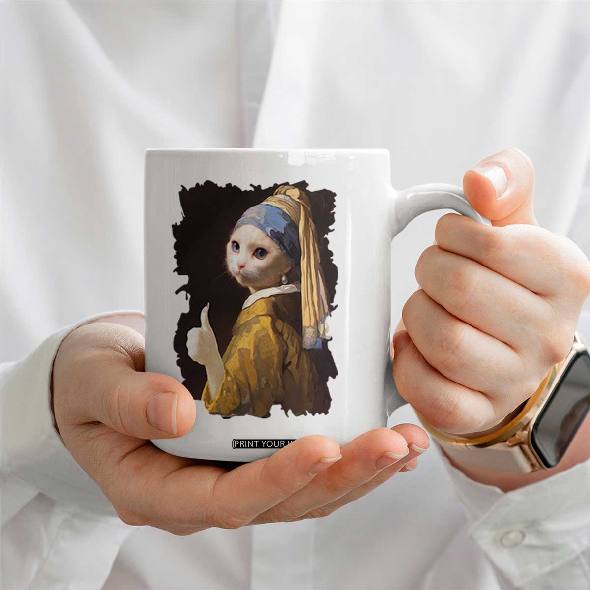 Funny Cat With A Pearl Earring Parody Art Coffee Mug TS12 Print Your Wear