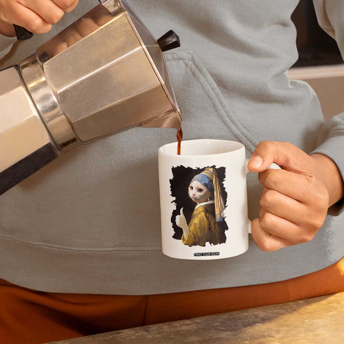 Funny Cat With A Pearl Earring Parody Art Coffee Mug TS12 Print Your Wear