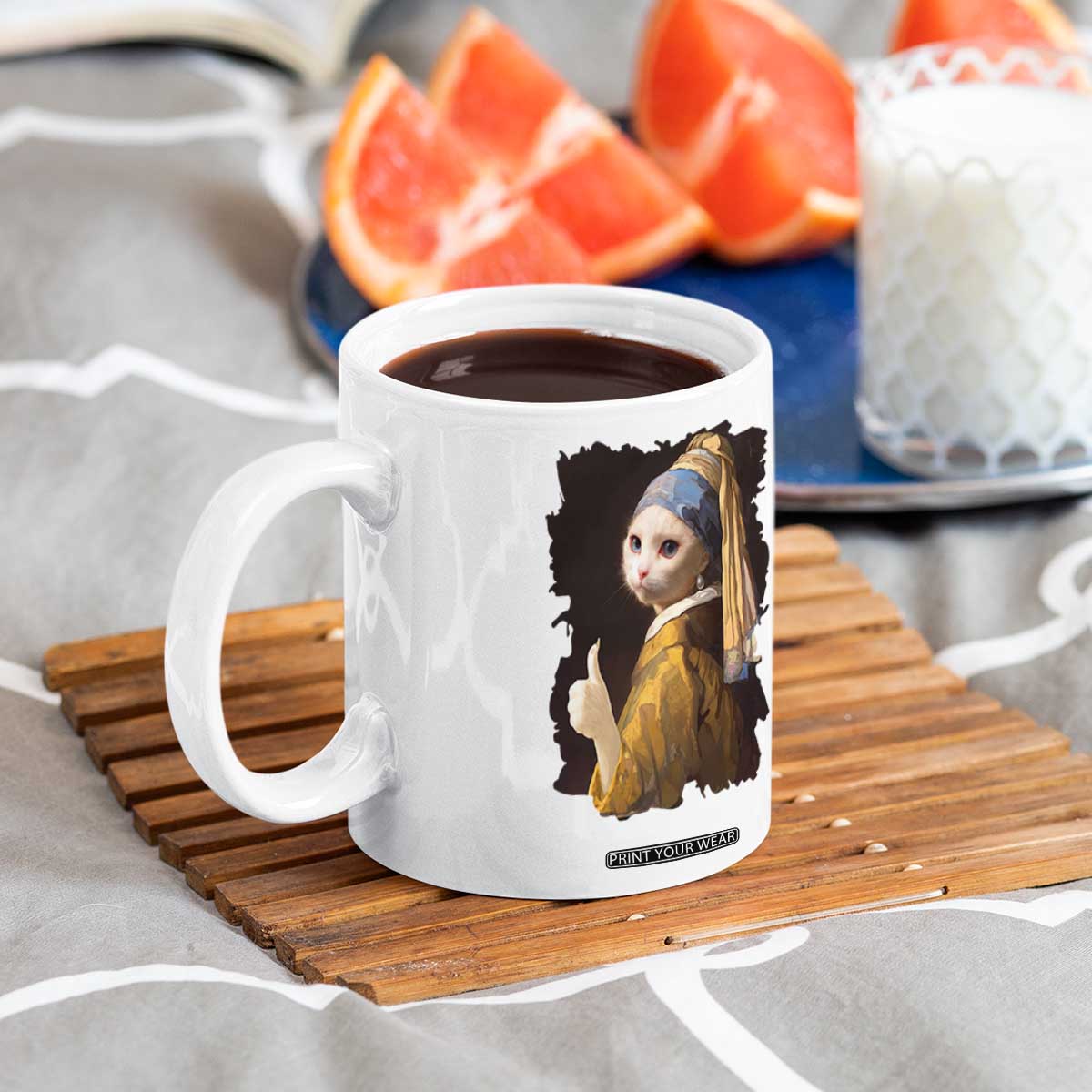 Funny Cat With A Pearl Earring Parody Art Coffee Mug TS12 Print Your Wear