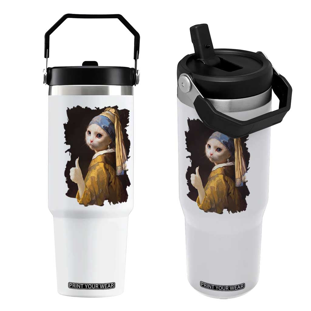 Funny Cat With A Pearl Earring Parody Art Flip Straw Tumbler TS12 One Size: 30 oz White Print Your Wear