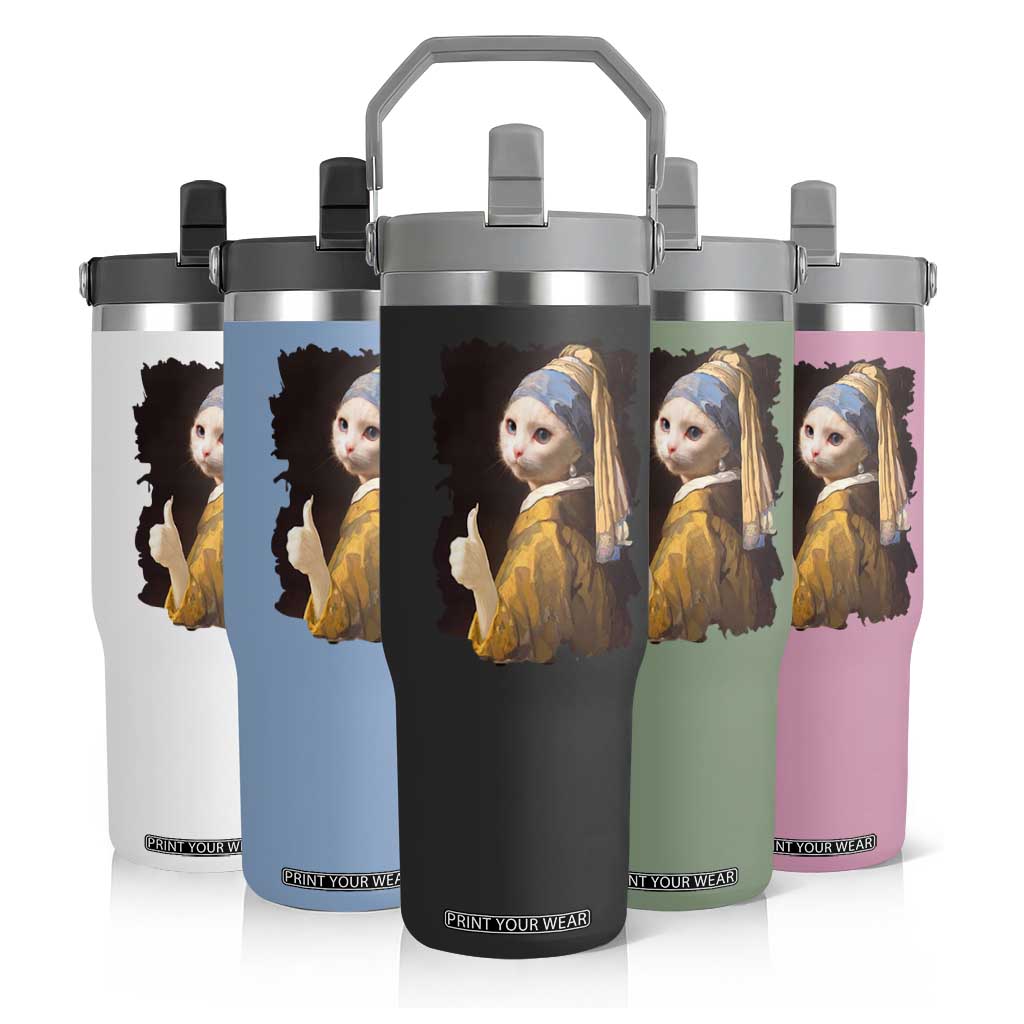 Funny Cat With A Pearl Earring Parody Art Flip Straw Tumbler TS12 Print Your Wear