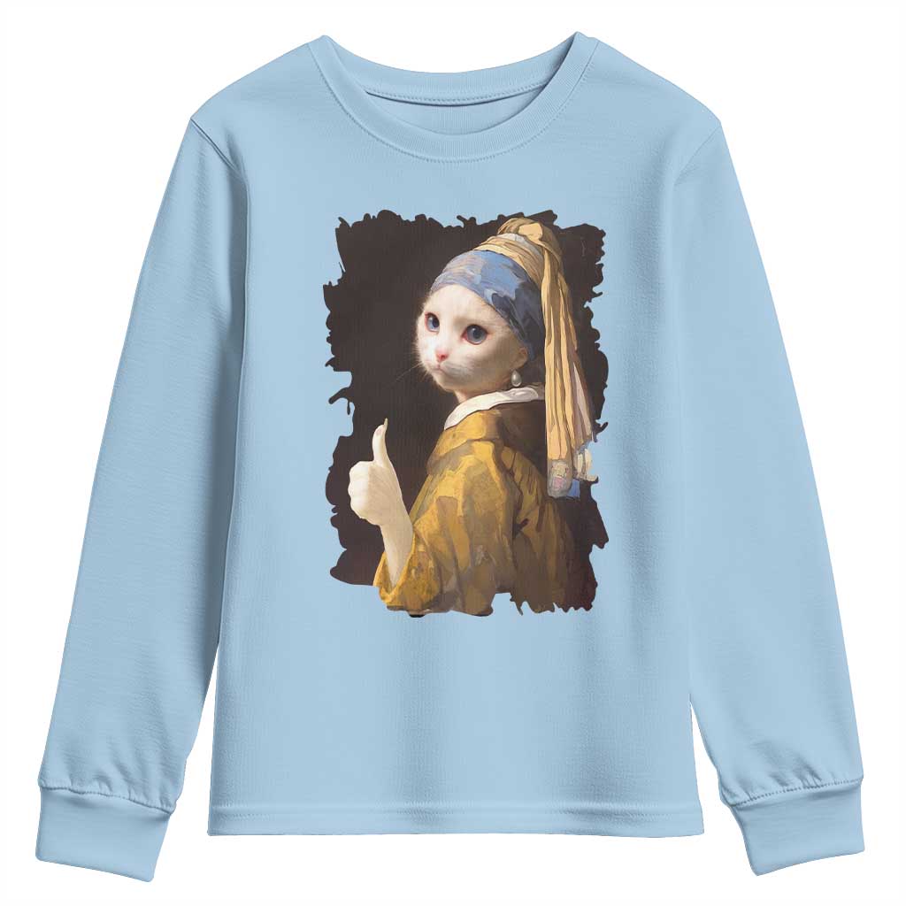 Funny Cat With A Pearl Earring Parody Art Youth Sweatshirt TS12 Light Blue Print Your Wear