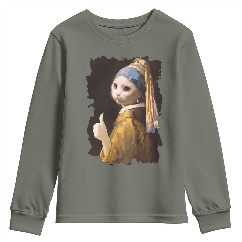 Funny Cat With A Pearl Earring Parody Art Youth Sweatshirt TS12 Military Green Print Your Wear