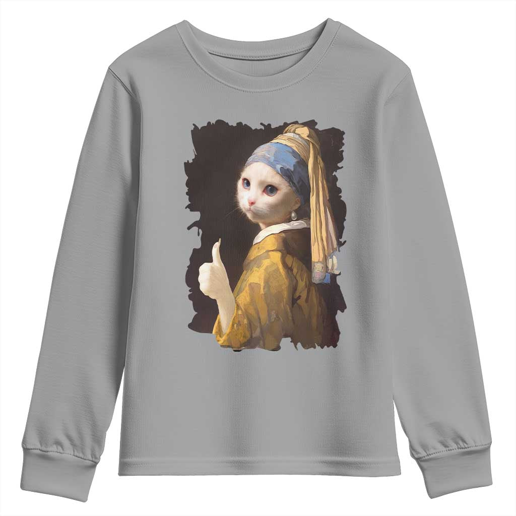 Funny Cat With A Pearl Earring Parody Art Youth Sweatshirt TS12 Sport Gray Print Your Wear