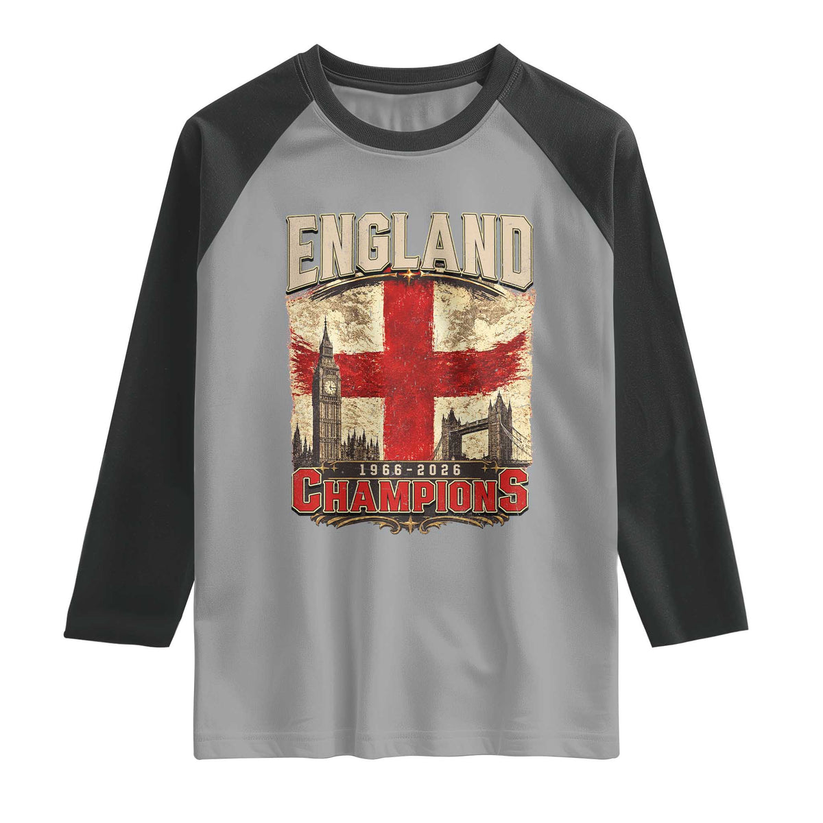 Vintage England Champions Raglan Shirt Proud Football Fan Heritage TS12 Sport Gray Black Print Your Wear