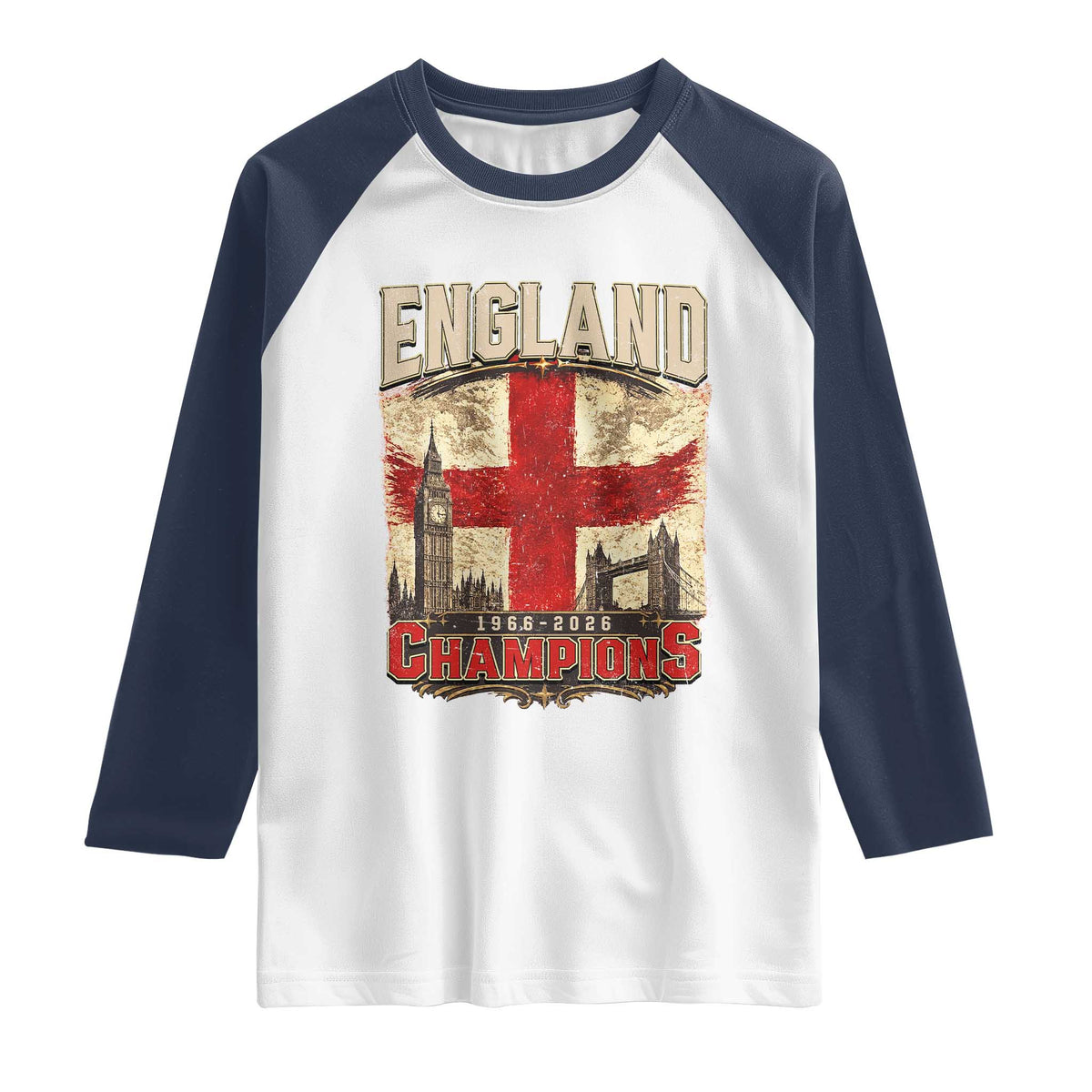 Vintage England Champions Raglan Shirt Proud Football Fan Heritage TS12 White Navy Print Your Wear
