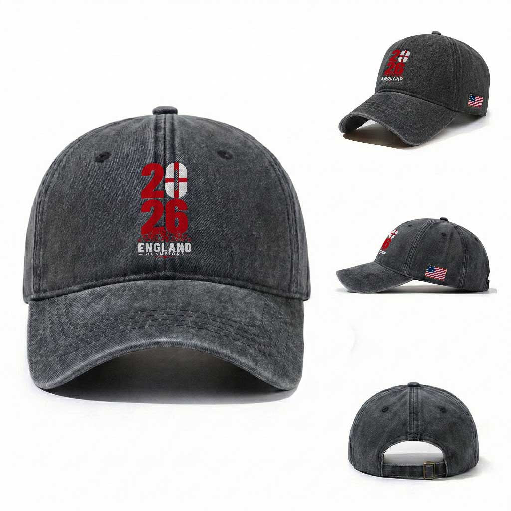 Vintage England Champions Washed Cotton Baseball Cap Football Supporter Graphic TS12 Washed Cap Universal Fit Dark Gray Print Your Wear