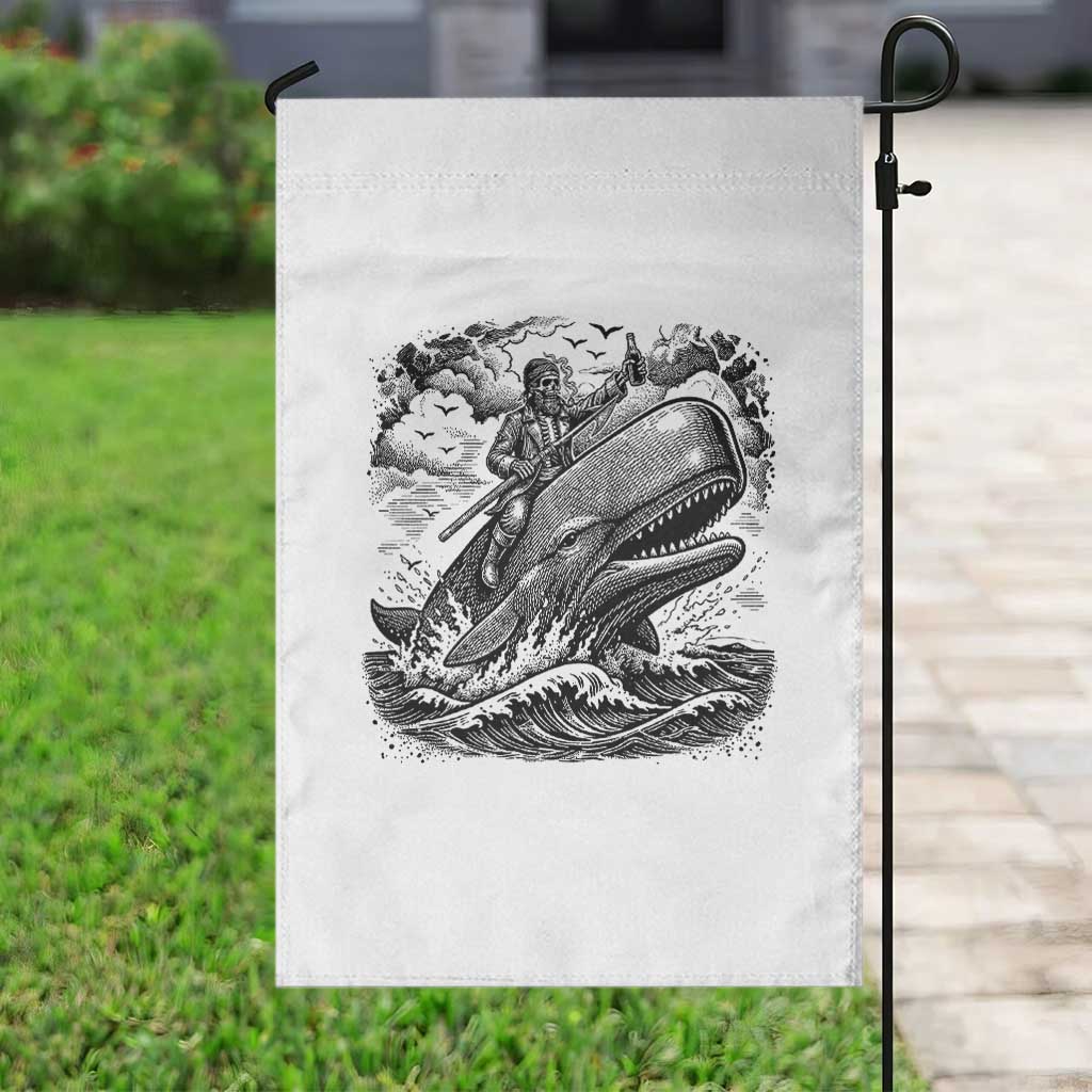 Funny Skeleton Whale Rider Garden Flag Dark Maritime Gothic Vintage Nautical Graphic