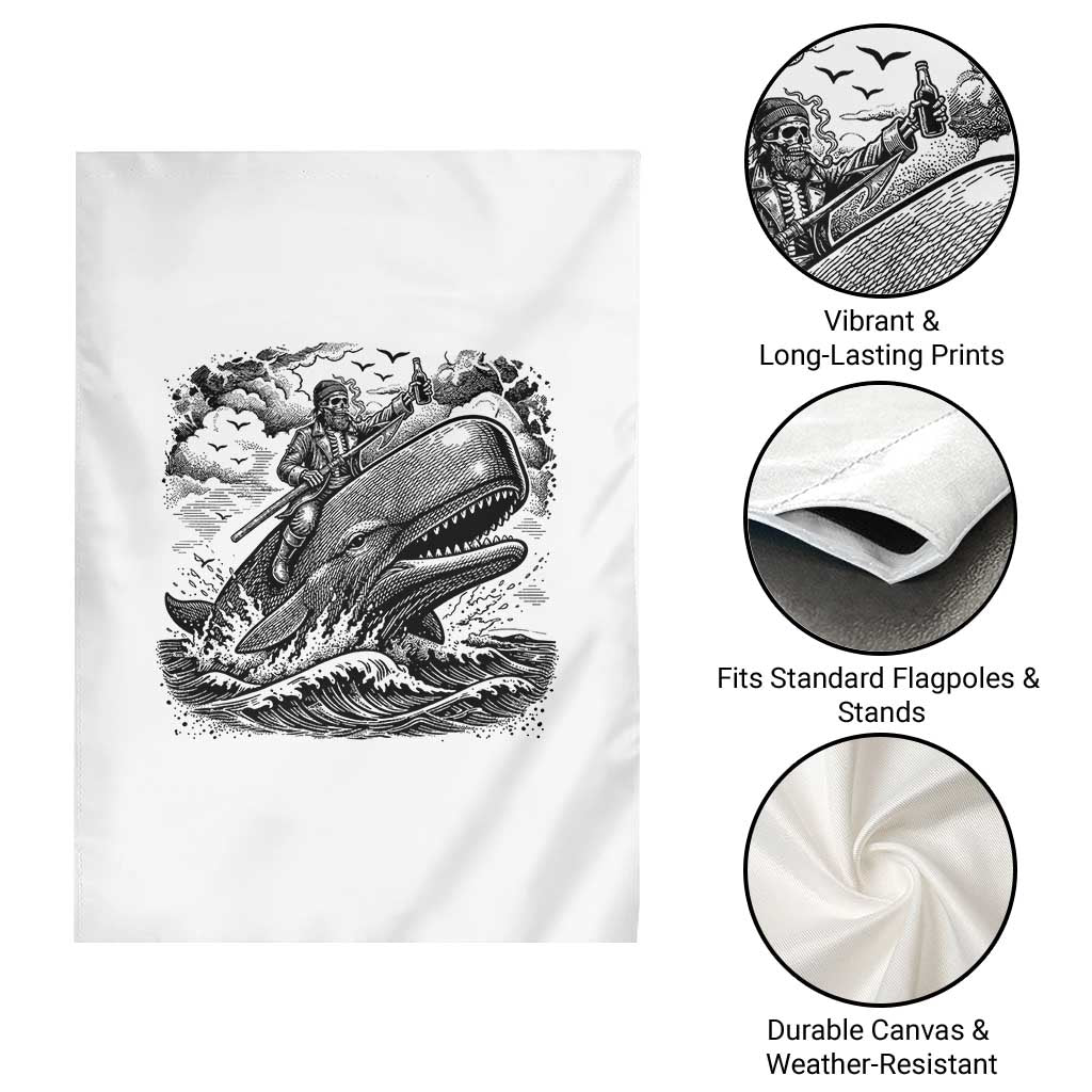 Funny Skeleton Whale Rider Garden Flag Dark Maritime Gothic Vintage Nautical Graphic