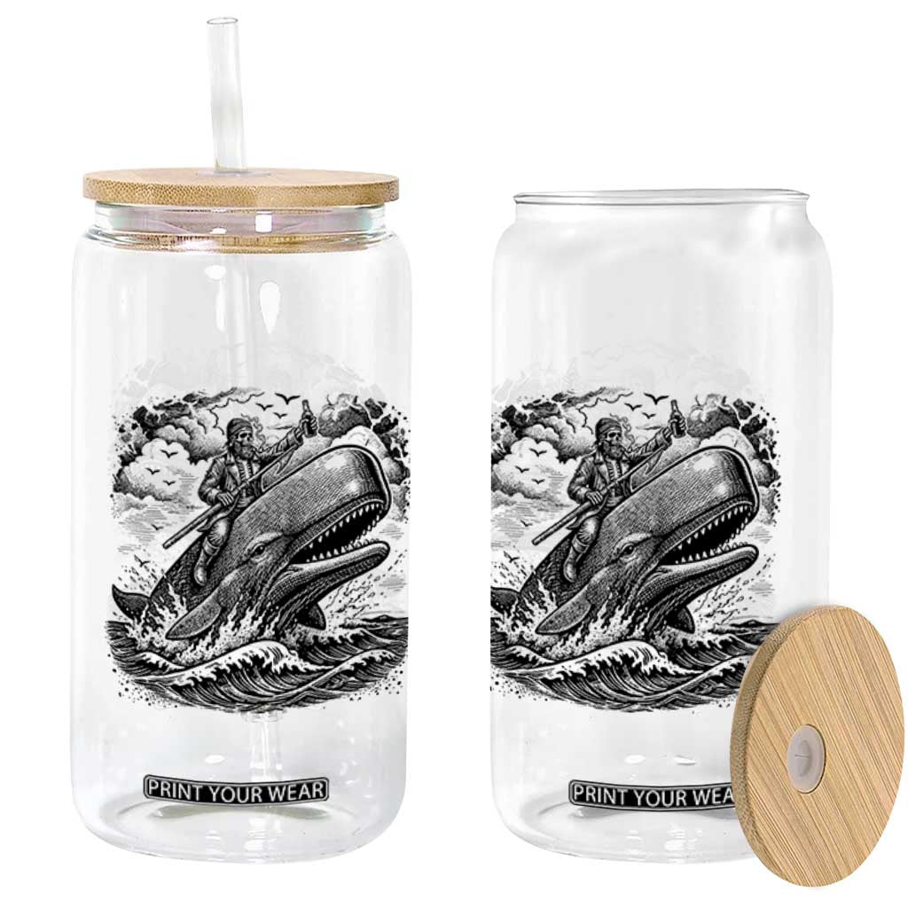 Funny Skeleton Whale Rider Glass Can Dark Maritime Gothic Vintage Nautical Graphic