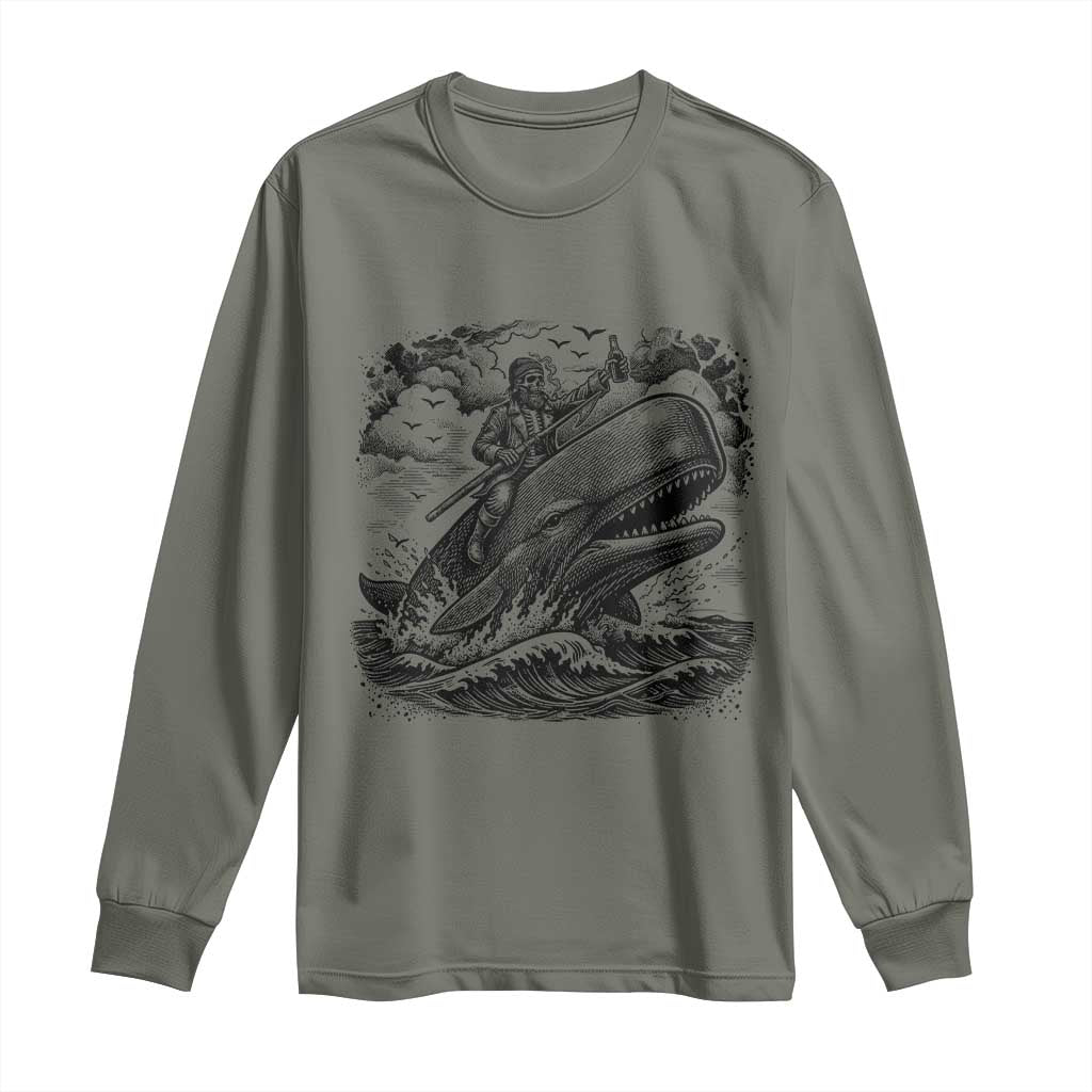 Funny Skeleton Whale Rider Long Sleeve Shirt Dark Maritime Gothic Vintage Nautical Graphic