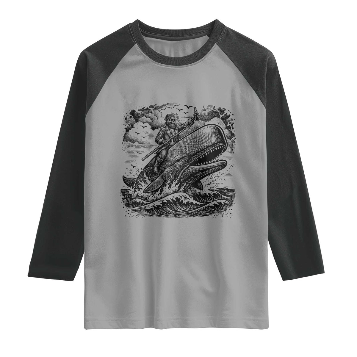 Funny Skeleton Whale Rider Raglan Shirt Dark Maritime Gothic Vintage Nautical Graphic