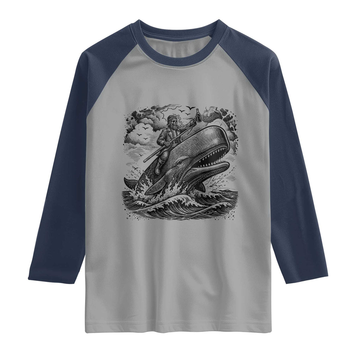 Funny Skeleton Whale Rider Raglan Shirt Dark Maritime Gothic Vintage Nautical Graphic