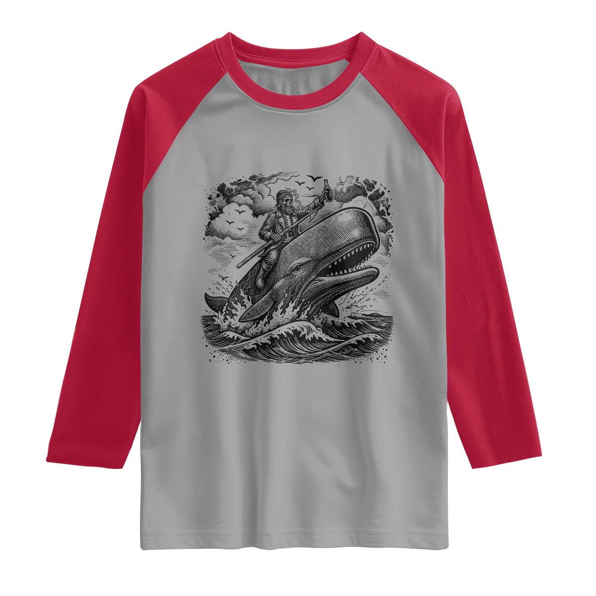 Funny Skeleton Whale Rider Raglan Shirt Dark Maritime Gothic Vintage Nautical Graphic