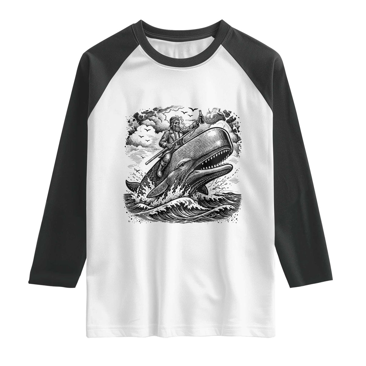 Funny Skeleton Whale Rider Raglan Shirt Dark Maritime Gothic Vintage Nautical Graphic