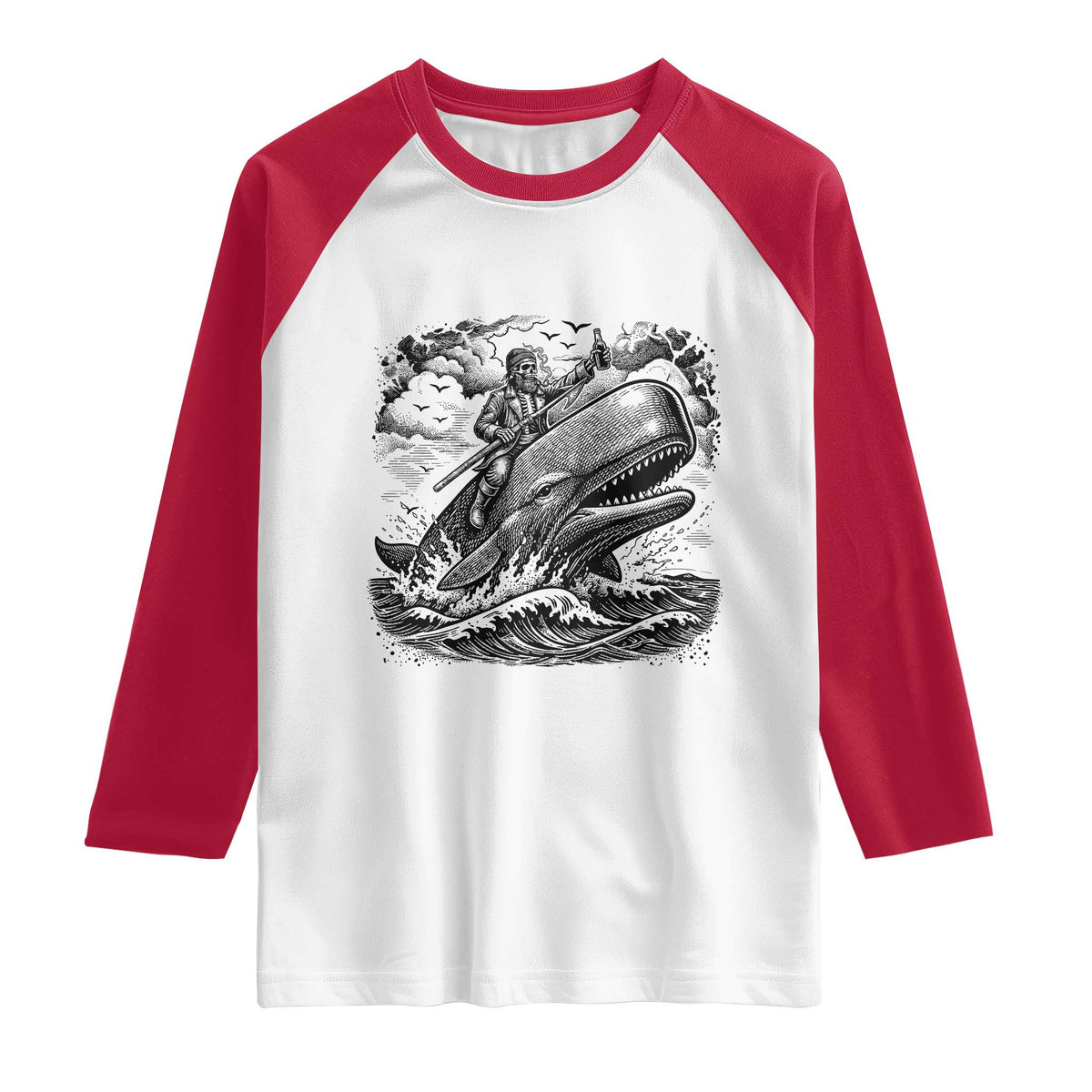 Funny Skeleton Whale Rider Raglan Shirt Dark Maritime Gothic Vintage Nautical Graphic