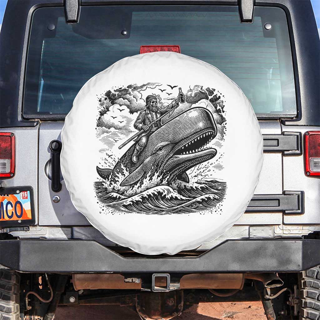 Funny Skeleton Whale Rider Spare Tire Cover Dark Maritime Gothic Vintage Nautical Graphic TS12 No hole White Print Your Wear