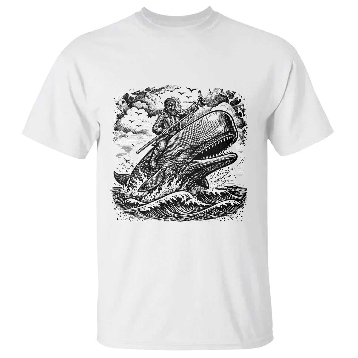 Funny Skeleton Whale Rider T Shirt Dark Maritime Gothic Vintage Nautical Graphic TS12 White Print Your Wear