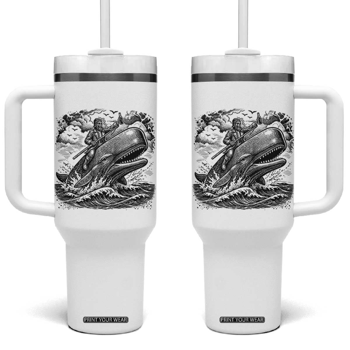 Funny Skeleton Whale Rider Tumbler With Handle Dark Maritime Gothic Vintage Nautical Graphic