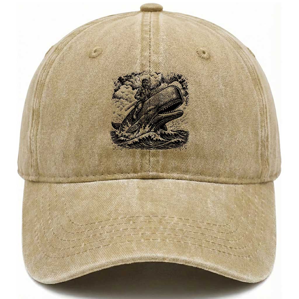 Funny Skeleton Whale Rider Washed Cotton Baseball Cap Dark Maritime Gothic Vintage Nautical Graphic TS12 Print Your Wear