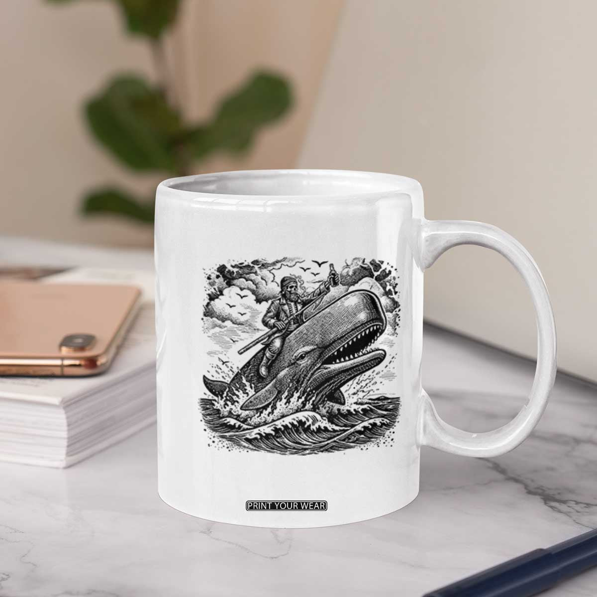 Funny Skeleton Whale Rider Coffee Mug Dark Maritime Gothic Vintage Nautical Graphic