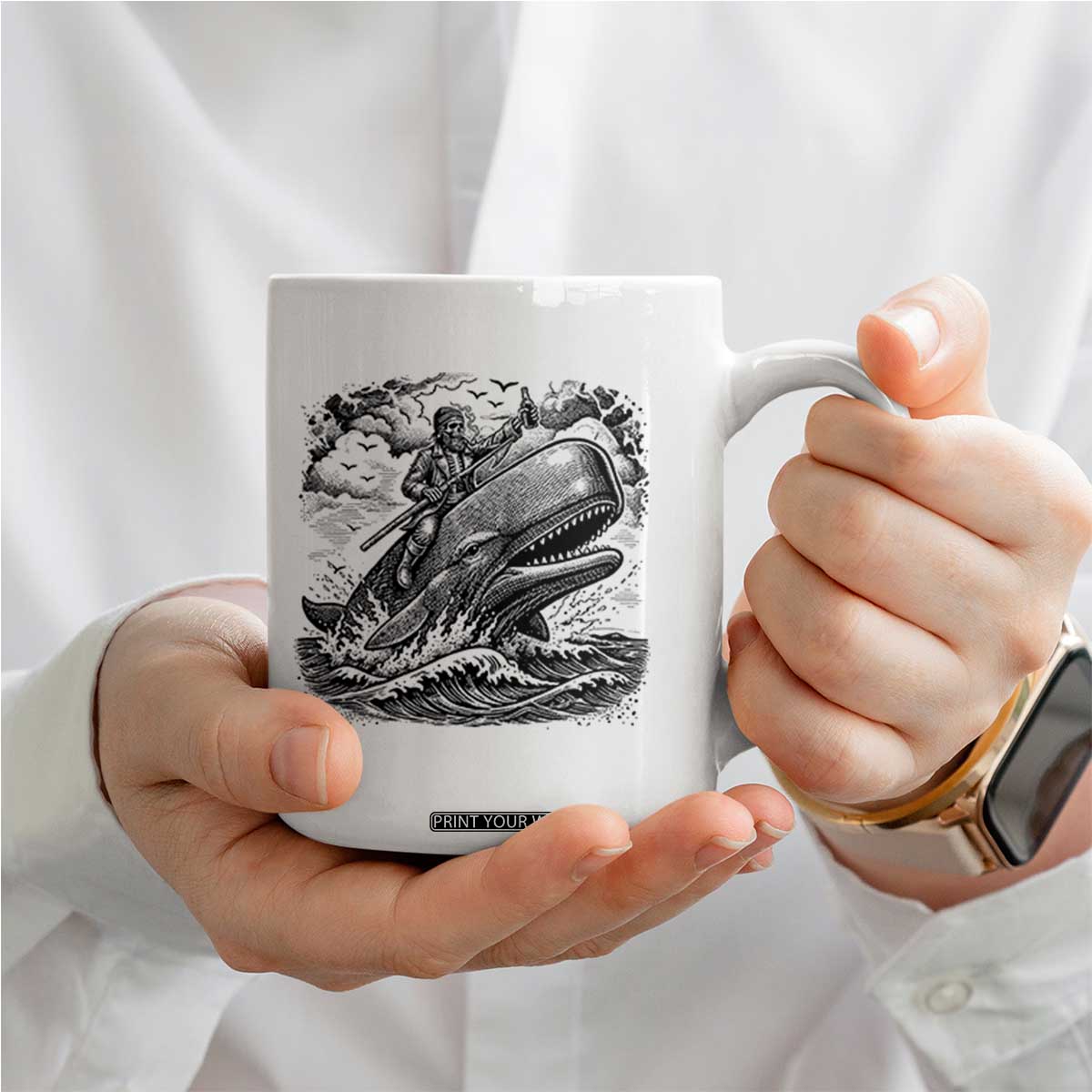 Funny Skeleton Whale Rider Coffee Mug Dark Maritime Gothic Vintage Nautical Graphic